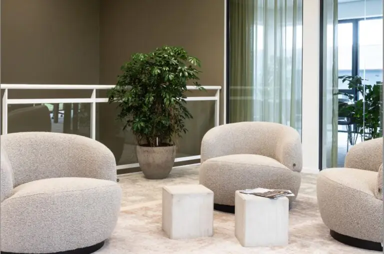 Vergaderruimte met ronde fauteuils, planten en aardse kleuren – een uitnodigend voorbeeld van biophilic design voor een warme en natuurlijke werkplek.